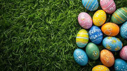Grass with top view lots of easter eggs. Copy space concept. 