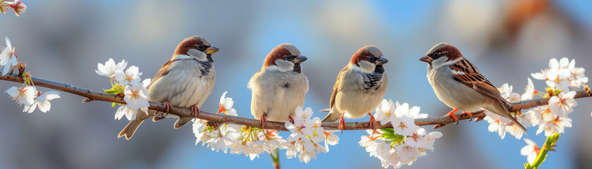 spring natural background with little sparrow sitting in garden on a branch of cherry blossom tree with white fragrant buds