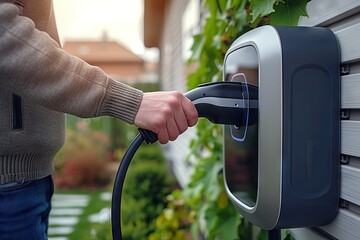 Embracing Green Technology A Person’s Hand Plugging In an Electric Vehicle Charger to a Sleek, Wall-Mounted Charging Station at Home Amidst Lush Greenery