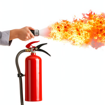 Person using a fire extinguisher during a training session isolated on white background, photo, png

