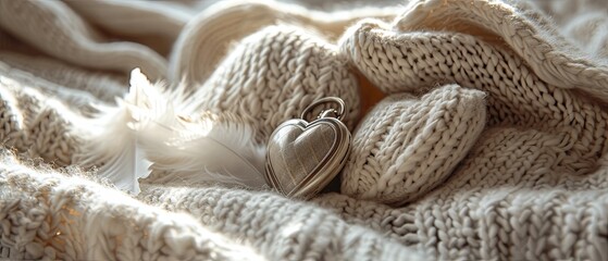 A cozy, knit blanket serving as the background, with a pair of vintage, heart-shaped lockets and soft, white feathers arranged in the corner. 