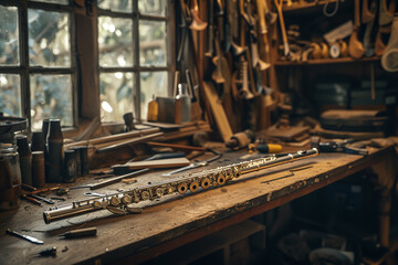 Flute repair and restoration workshop, providing a deep dive into the intricate craftsmanship required for maintaining and restoring these delicate musical instruments, blending art and technical skil - obrazy, fototapety, plakaty
