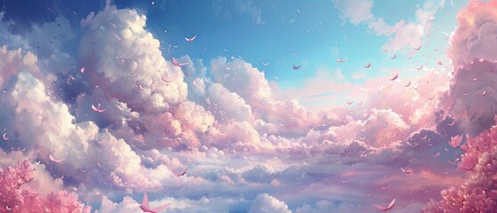 A dreamy cloudscape painted on canvas, with small, handcrafted paper airplanes and fluffy cotton clouds arranged at the borders. 