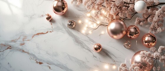 A sophisticated marble surface with scattered rose gold jewelry pieces forming an elegant border.