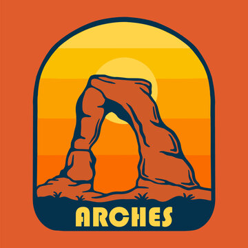 SUNSET ON ARCHES NATIONAL PARK BADGE LOGO DESIGN VECTOR ILLUSTRATION