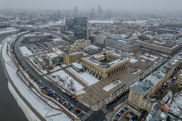 Naklejka na ściany i meble Aerial winter view of farmers protest in Vilnius, Lithuania