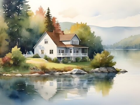 Beautiful watercolor painting of a lakeside house.	