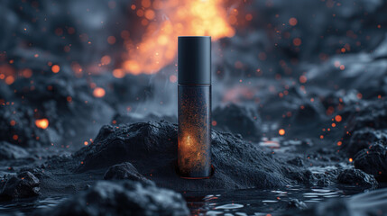 Blank serum or cosmetic set Packed, moder and elegant design. Golden and pitch-black tones in the middle of a rainstorm are lightning storms on the background. for product presentation  - obrazy, fototapety, plakaty