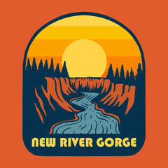 SUNSET ON NEW RIVER GORGE NATIONAL PARK BADGE LOGO DESIGN VECTOR ILLUSTRATION