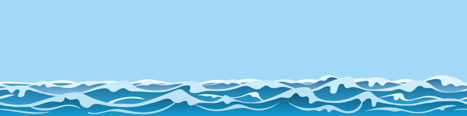 Vector drawing of sea waves, natural background, seamless border	