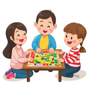 Family playing a board game at home isolated on white background, flat design, png
