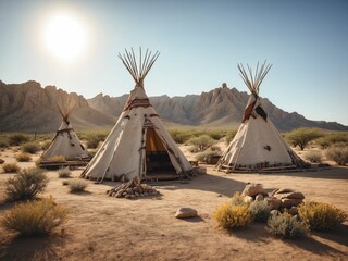American Indian tents in the desert. Generated with AI - obrazy, fototapety, plakaty