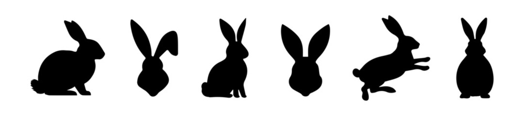 Set of Rabbit silhouettes. Easter bunnies. Isolated on white background. A simple black icons of hares. Cute animals. Ideal for logo, emblem, pictogram, print, design element for greeting card - obrazy, fototapety, plakaty