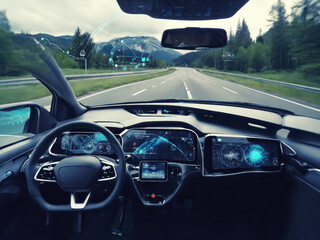 Self-driving vehicle on road. Autonomous car with graphic sensor signal. Generated with AI