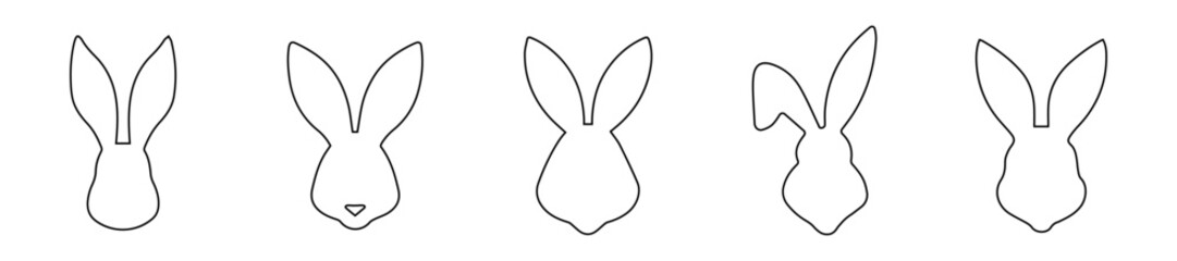 Set of rabbit heads in outline. Easter Bunnies. Isolated on a white background. A simple black icons of hares. Cute animals. Ideal for logo, emblem, pictogram, print, design element for greeting card