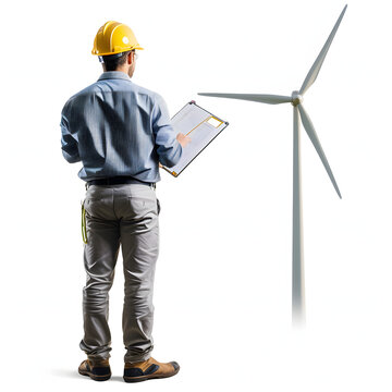 Technician inspecting a wind turbine isolated on white background, text area, png
