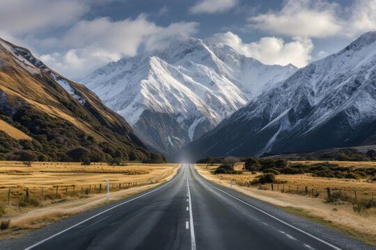  A road in new zealand with mountain ranges and valleys.