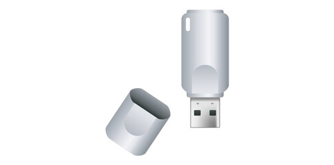 Silver Flash Drive USB With Case Vector Illustration, Memory Storage Device Isolated On White Background.