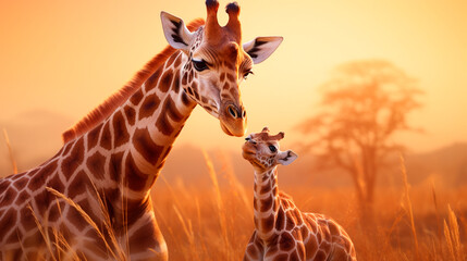 a giraffe and her baby in a field