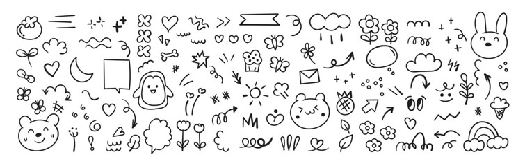  Doodle line sketch childish element set. Flower, heart, cloud children draw style design elements background. Vector illustration.