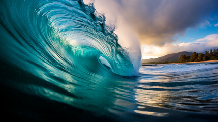 a wave breaking in the ocean with a blue sky