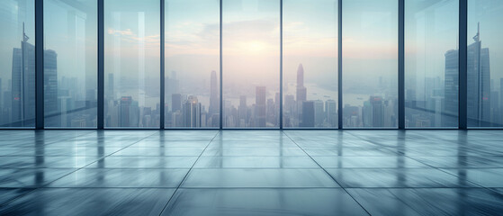 Panoramic view of empty square concrete floor on city skyline background with building and sunrise in the sky