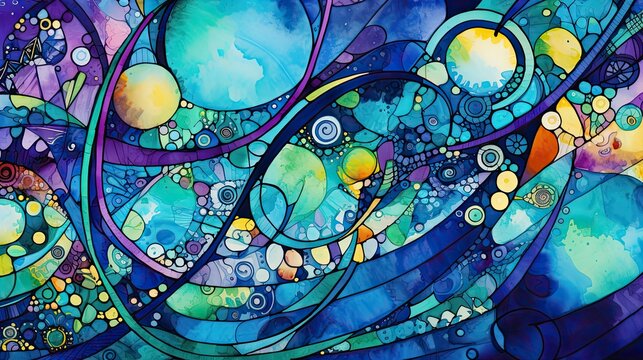 A complex elaborate unbelievably detailed very colorful jewel toned abstract geometric zentangles watercolor and pencil painting with clean smooth brushstrokes and clear bold lines with many layers an