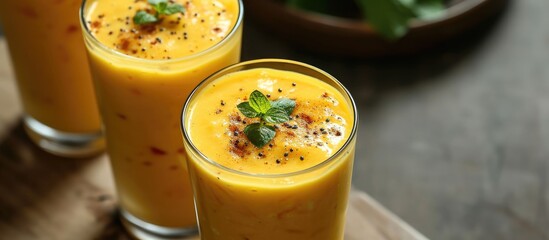 Mango lassi is a popular cold drink in India made with yogurt, water, spices, and sometimes mango.