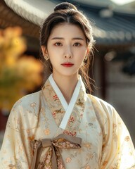 Enthralling Elegance: A Young Woman's Delicate Beauty Adorned in Golden Hanbok Splendor