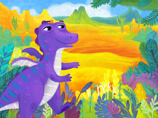 cartoon scene with forest jungle meadow wildlife with dragon dino dinosaur animal zoo scenery illustration for children © honeyflavour