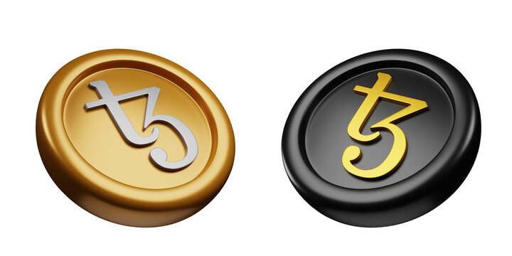 Tezos or XTZ Black Gold And Gold Silver Coin 3d Set rendering cryptocurrency illustration cartoon style, blockchain or cryptocurrency design