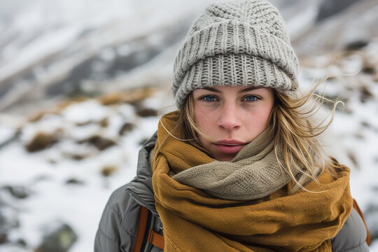 a woman in winter with scarves and wooly hat - Powered by Adobe