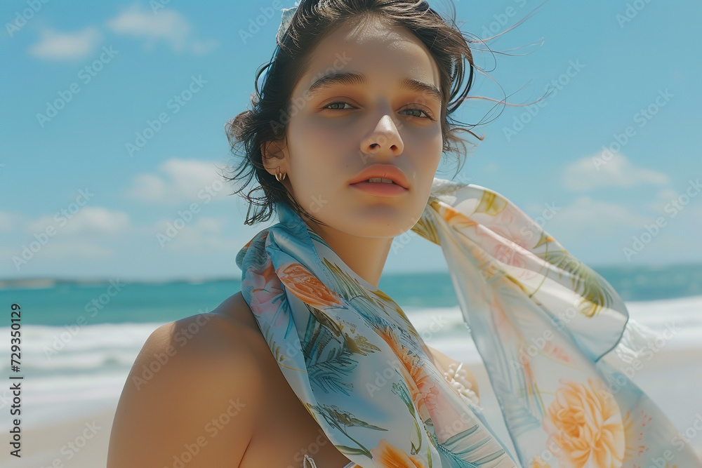 Poster Beachwear brand unveiling lightweight scarves with sun-protective features - ideal for stylish seaside or poolside wear - while offering essential UV protection in sunny environments.