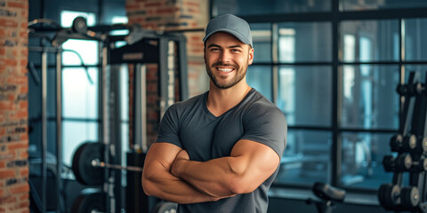 Gym discount summer sale off free deal concept. Fitness adult male coach muscled man personal trainer in gray t-shirt and cap in sport club interior. Getting fit healthy resolutions - obrazy, fototapety, plakaty