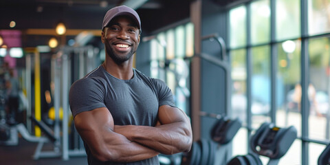 Summer sale gym discount off free deal concept. Fitness African American coach muscled man personal trainer in gray t-shirt and cap in sport club interior. Getting fit healthy resolutions - obrazy, fototapety, plakaty