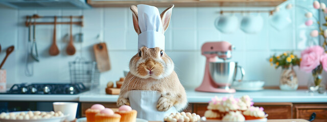a hare, a rabbit is baking cupcakes in the kitchen