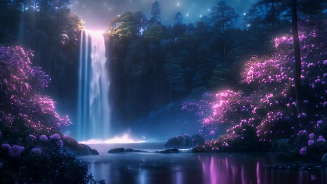 Majestic Waterfall amidst Luminous Floral Splendor. Generative ai