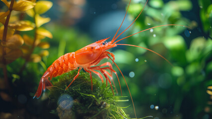 Aquarium Elegance: A Crystal Red Shrimp Amidst the Bubbles