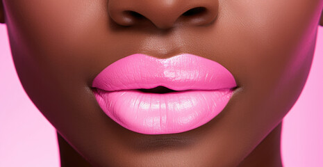 Fototapeta premium Close-up of glossy pink lips, slightly parted, against a flawless dark skin backdrop, embodying bold fashion and beauty trends.