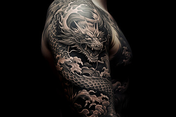 Black dragon tattoo on skin. Black dragon tattoo on shoulder. Men's tattoo, dragon. Dragon tattoo. Tattoo ideas for women. Tattoo ideas for men. Tattoo parlor. Tattoo artist profession.​