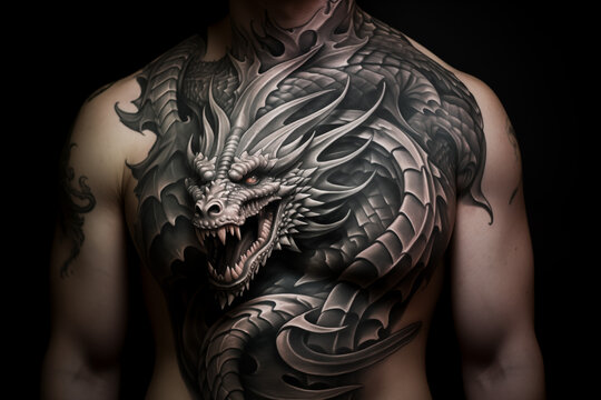 Black dragon tattoo on skin. Black dragon tattoo on chest. Men's tattoo, dragon. Dragon tattoo. Tattoo ideas for men. Tattoo ideas for men. Tattoo parlor. Tattoo artist profession.​