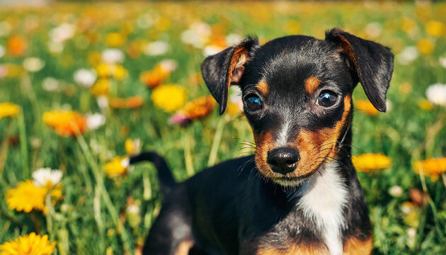 Cute puppy of miniature pinscher with white spot in the meadow with flowers. White accent: Beauty in uniqueness