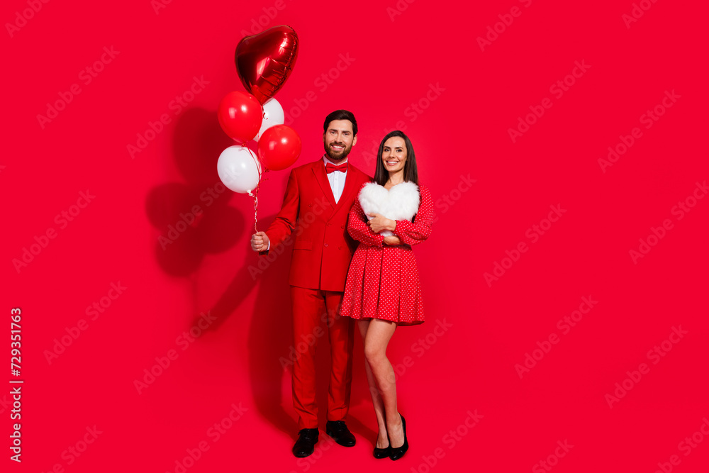 Poster full body portrait of two classy nice people hold balloons heart figure soft pillow empty space isol