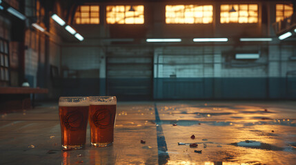 Cinematic wide angle photograph of two beer pint glass Cinematic wide angle photograph of a beer pint glass ar a basketball court. Product photography. Product photography. - obrazy, fototapety, plakaty