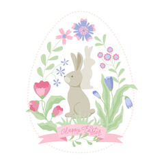 Floral design with cute bunny for Easter holiday in the egg shaped frame. Vector isolated color illustration in flat style with lettering.