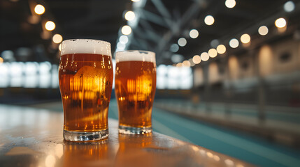 Cinematic wide angle photograph of two beer pint glass Cinematic wide angle photograph of a beer pint glass at an olympic gymnasthics venue. Product photography. Product photography. - obrazy, fototapety, plakaty