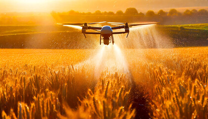 Closeup of a moving drone spraying pesticides, fertilizers or water on a cultivated field (wheat field) at sunrise or sunset. Generative Ai. - obrazy, fototapety, plakaty
