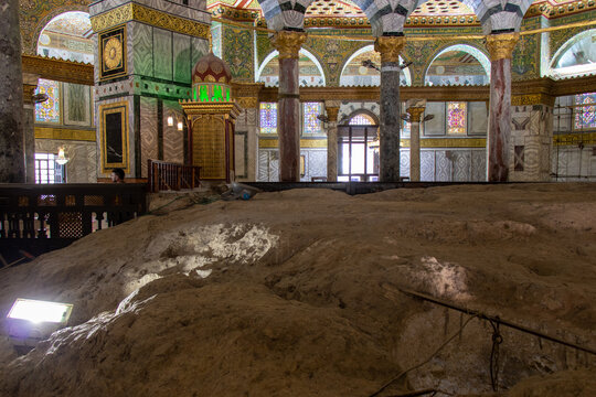 Famous rock inside The Dome of The Rock on the Temple Mount in Jerusalem - Palestine, Israel. Har HaBayit