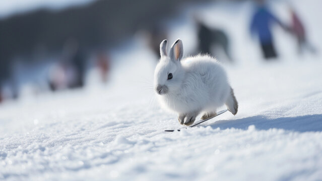 Snowy Sprint: An Arctic Hare Dashing Through a Ski Resort