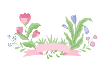Border of floral design with ribbon. Vector isolated color illustration.